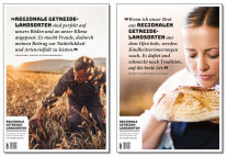 Beispiele von zwei Plakaten zur Bewerbung: Landwirt auf Feld und Bäckerin die an Brot riecht