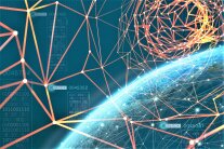 Netzwerk aus orangen Linien als Symbol für digitale Vernetzung vor blauem Hintergrund mit Weltkugel