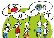 Bild sprechender Menschen über Geld und Lebensmittel