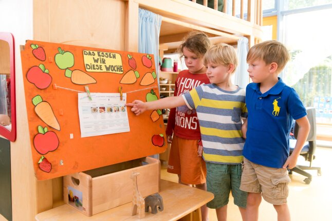 drei Kinder in der Kita betrachten den bunten Essensplan für die Woche und zeigen auf Gerichte