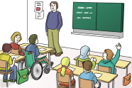 Comic  Das Bild zeigt eine Schulklasse beim Unterricht. Sie lernen etwas über Ernährung. Ein Mann erklärt ihnen etwas darüber.