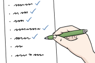 Comic  Das Bild zeigt einen Plan. Man sieht Aufgaben die von jemadem abgehackt werden. Deswegen sieht man eine Hand mit einem Stift vor dem Plan.