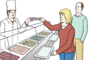 Comic  Das Bild zeigt eine Kantine. Man sieht eine Frau die sich gerade ihr Essen geben lässt. Dahinter steht ein Mann an.