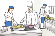 Comic  Das Bild zeigt eine Großküche. Man sieht den Chefkoch und seine Mitarbeiter. Der Chefkoch zeigt auf das Essen.