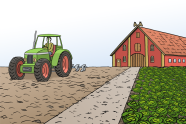 Comic  Das Bild zeigt einen Bauernhof. Man sieht einen Traktor der das Feld pflügt.