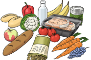 Comic  Das Bild zeigt verschiedene Lebensmittel. Man sieht zum Beispiel Brot, Möhren, und Bananen.