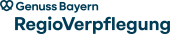 blau-weißes Logo von RegioVerpflegung mit Dachmarke Genuss Bayern und Brezel