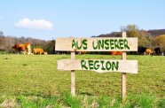 Holzschild auf der Weide mit der Aufschrift "Aus unserer Region"