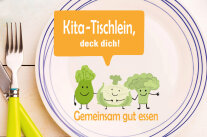 Logo der bayerischen Tage der Kitaverpflegung 2023, im Hintergrund ein Teller mit Besteck
