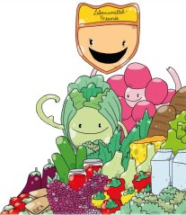 @KErn Titelbild des Faltblatts Lebensmittelfreunde mit Comicgesichtern aus Gemüse und Obst
