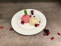 Teller mit zwei Kugeln Eis, dekoriert mit roten Beeren und Minzblättern