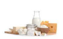 Eine Auswahl von Milchprodukten vor weißem Hintergrund