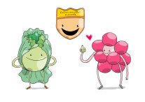 Die Lebensmittel-Freunde, das sind eine Himbeere, ein Salatkopf und Prinz Köstlich grinsen freundlich. Die Himbeere hält eine Birne in der rechten Hand