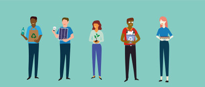 Digitale Illustration von fünf Menschen, die umweltbewusst handeln