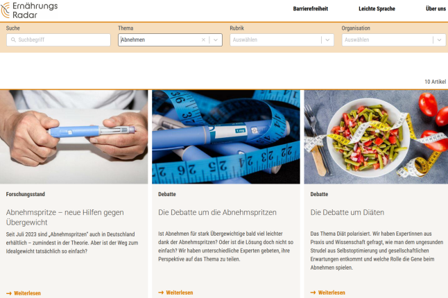 Startseite Wissensportal Ernährungsradar mit Suchleiste und 3 Teasern zum Thema Abnehmen