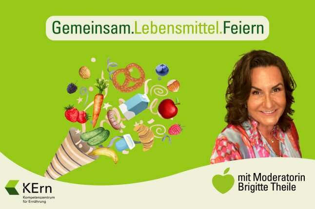 Füllhorn mit Lebensmitteln neben Foto von Moderatorin Brigitte Theile