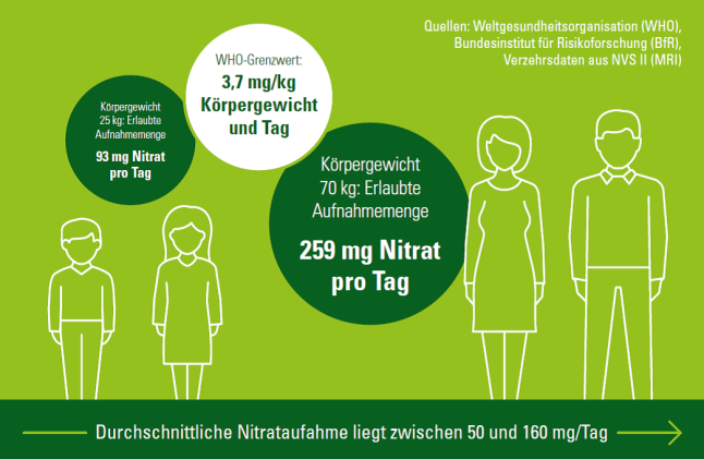 Grafische Darstellung der WHO-Grenzwerte hinsichtlich der täglichen Aufnahme von Nitrat