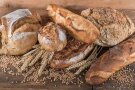 Verschiedene Brotsorten und Ähren sind zu sehen