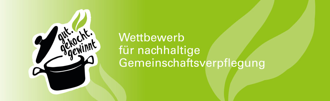 Logo gut.gekocht.gewinnt - Wettbewerb für nachhaltige Gemeinschaftsverpflegung vor grünem Hintergrund